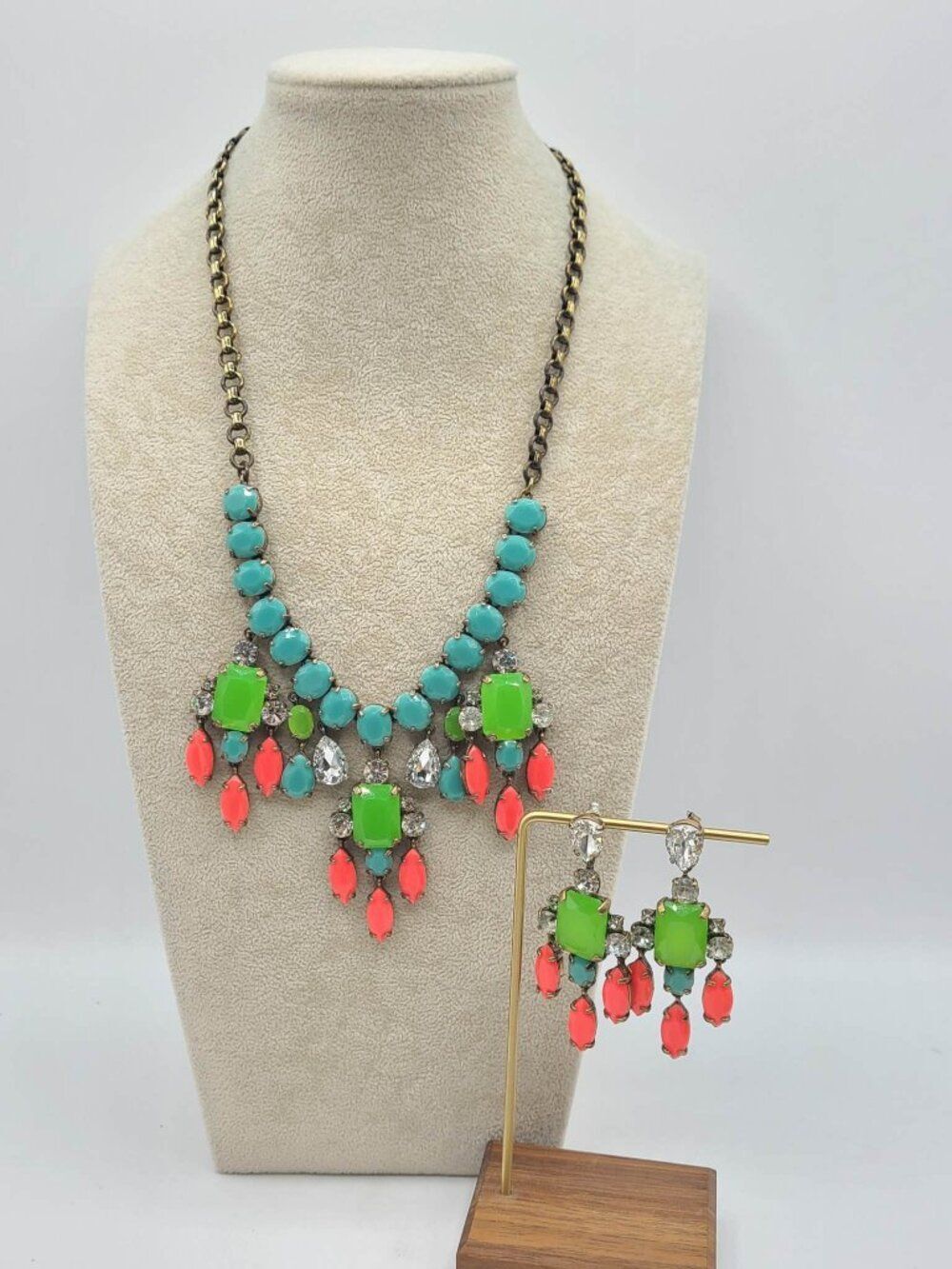 J Crew Blue Orange Resin Crystal Necklace & Earrings